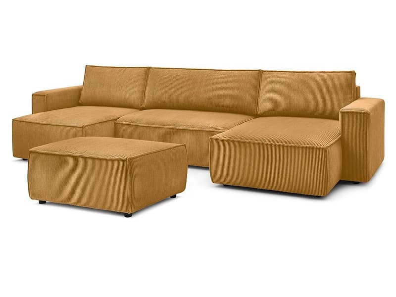 Panorama-Ecksofa mit Hocker BOBOCHIC NIHAD Cord-Stoff gelb