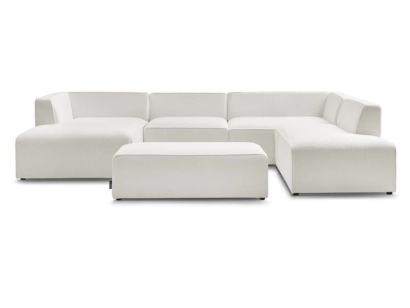 Panorama-Ecksofa mit Hocker BOBOCHIC MEGEVE Boucle-Stoff weiss