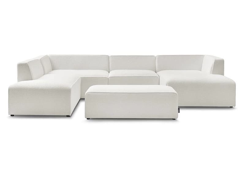 Panorama-Ecksofa mit Hocker BOBOCHIC MEGEVE Boucle-Stoff weiss