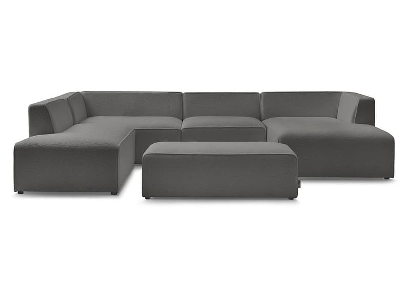 Panorama-Ecksofa mit Hocker BOBOCHIC MEGEVE Boucle-Stoff dunkelgrau