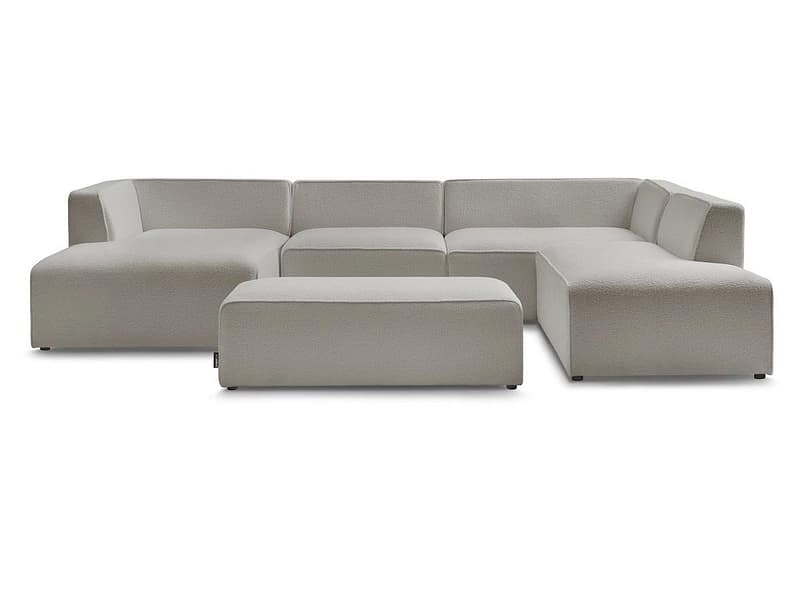 Panorama-Ecksofa mit Hocker BOBOCHIC MEGEVE Boucle-Stoff hellgrau