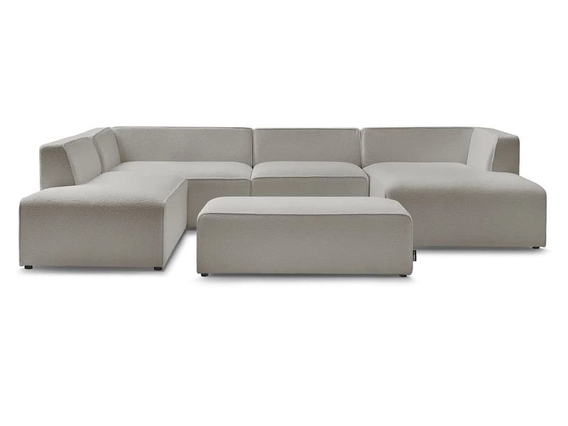 Panorama-Ecksofa mit Hocker BOBOCHIC MEGEVE Boucle-Stoff hellgrau