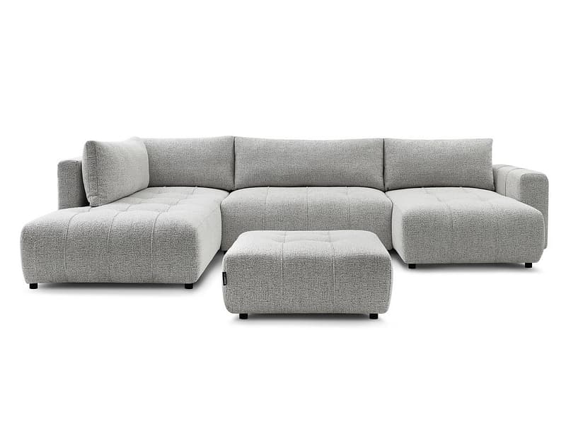 Panorama-Ecksofa mit Hocker BOBOCHIC ARSENE Stoff chiniert hellgrau