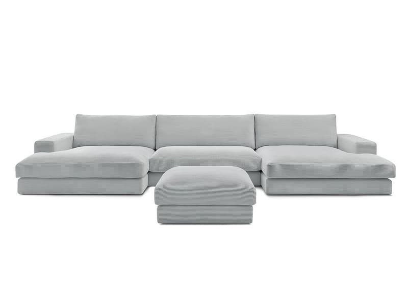 Panorama-Ecksofa mit Hocker BOBOCHIC LEONARD Cord-Stoff hellgrau