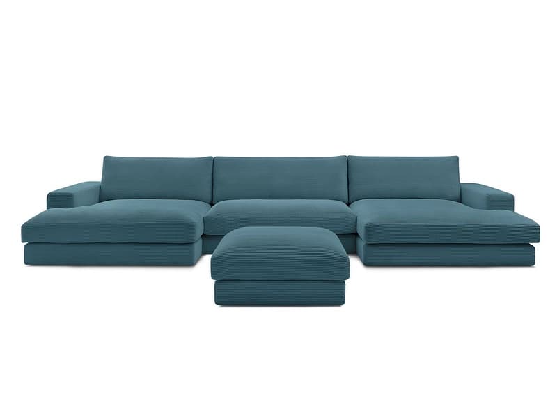 Panorama-Ecksofa mit Hocker BOBOCHIC LEONARD Cord-Stoff hellblau