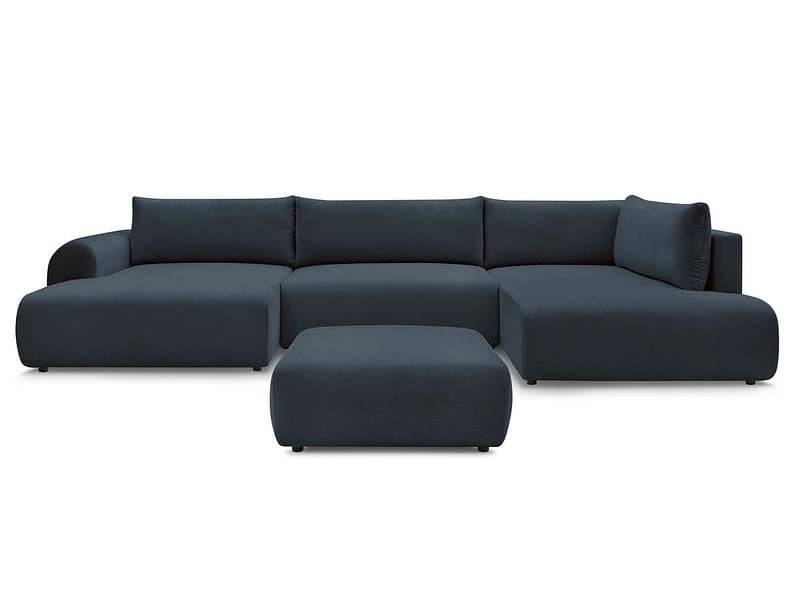Panorama-Ecksofa mit Hocker BOBOCHIC LUCIEN Stoff dunkelblau