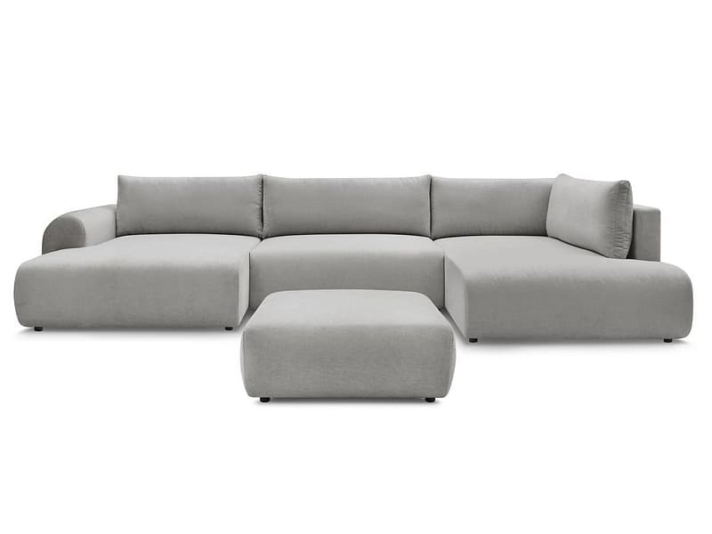 Panorama-Ecksofa mit Hocker BOBOCHIC LUCIEN Stoff hellgrau