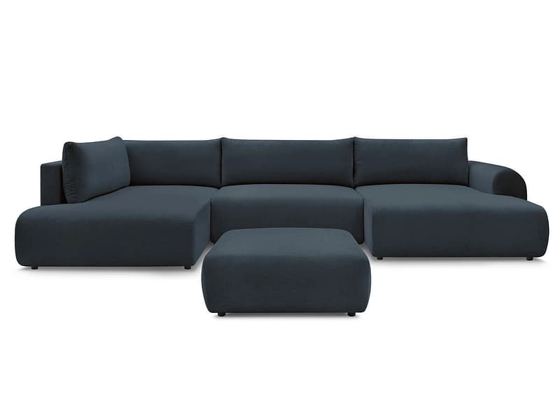 Panorama-Ecksofa mit Hocker BOBOCHIC LUCIEN Stoff dunkelblau