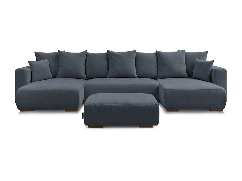 Panorama-Ecksofa mit Hocker BOBOCHIC SIDONIE Stoff chiniert dunkelblau