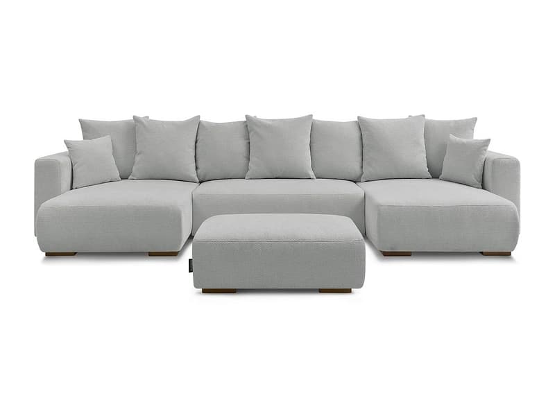 Panorama-Ecksofa mit Hocker BOBOCHIC SIDONIE Stoff chiniert hellgrau
