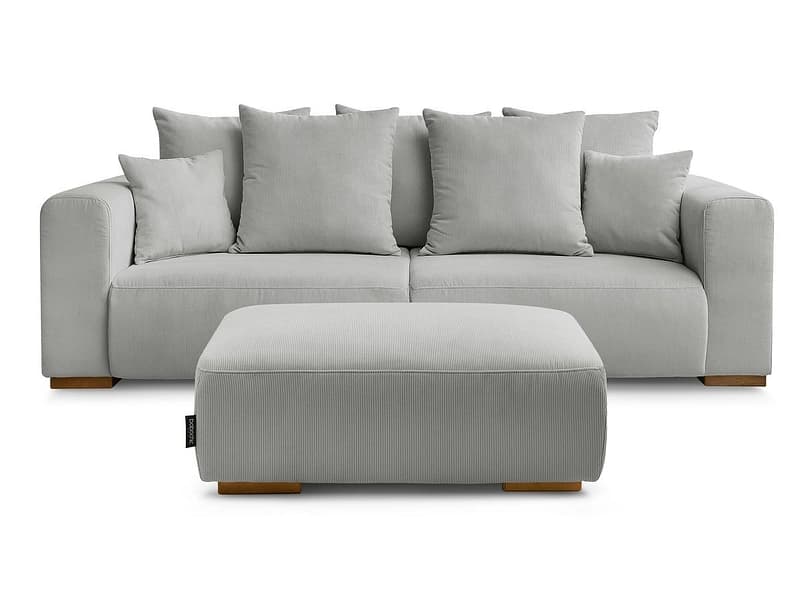 3er Sofa mit Hocker BOBOCHIC SIDONIE Cord-Stoff hellgrau