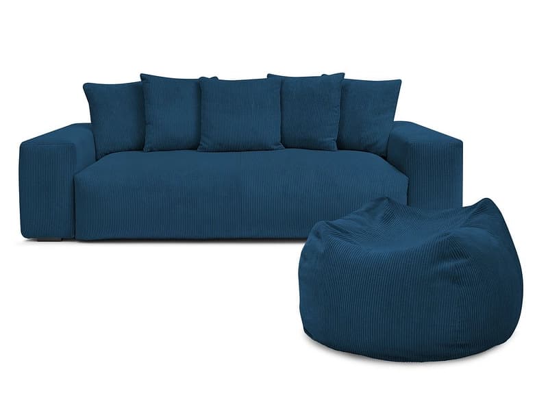 3er Sofa mit Hocker BOBOCHIC VOLTAIRE Cord-Stoff dunkelblau
