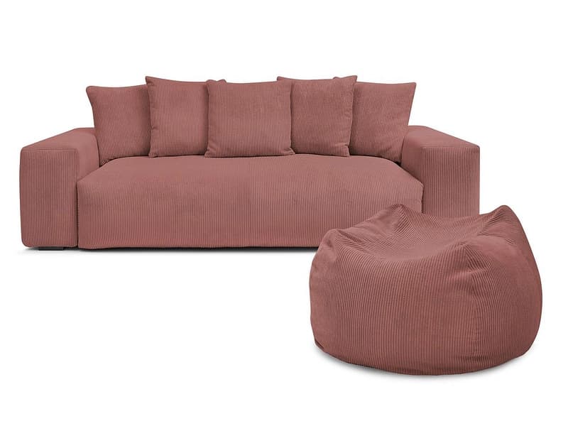 3er Sofa mit Hocker BOBOCHIC VOLTAIRE Cord-Stoff rosa