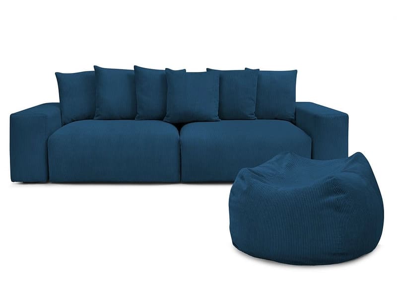 Sofa mit Hocker BOBOCHIC VOLTAIRE Cord-Stoff dunkelblau