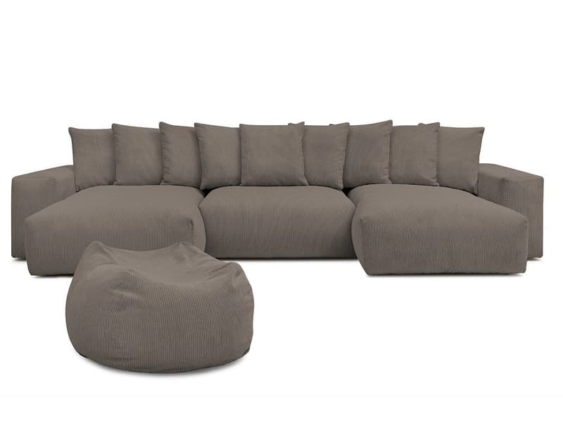 Panorama-Ecksofa mit Hocker BOBOCHIC VOLTAIRE Cord-Stoff taupe