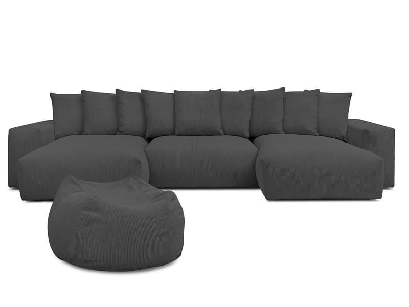 Panorama-Ecksofa mit Hocker BOBOCHIC VOLTAIRE Cord-Stoff dunkelgrau