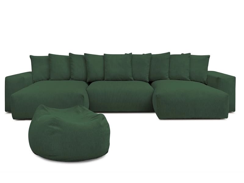 Panorama-Ecksofa mit Hocker BOBOCHIC VOLTAIRE Cord-Stoff grün