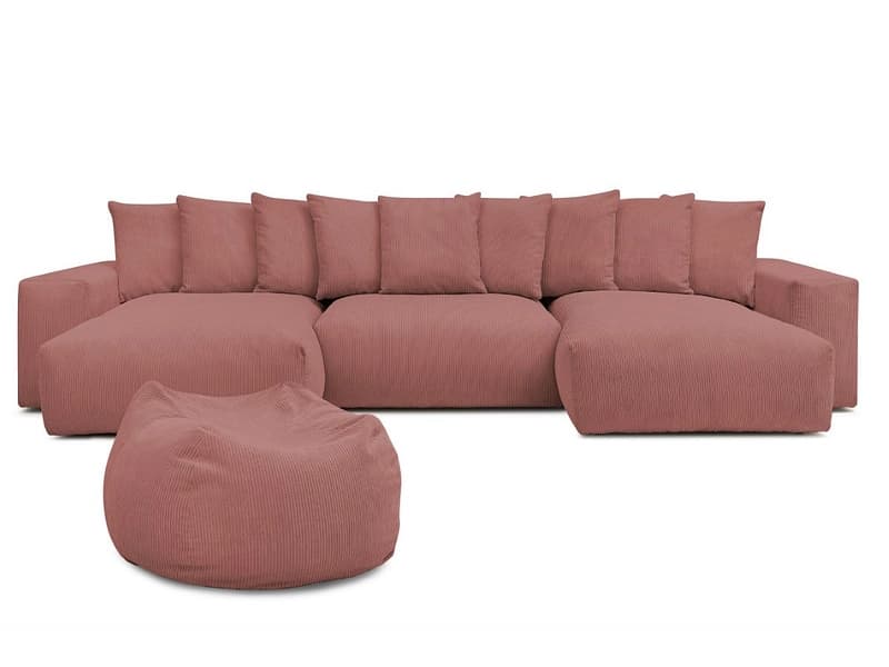 Panorama-Ecksofa mit Hocker BOBOCHIC VOLTAIRE Cord-Stoff rosa