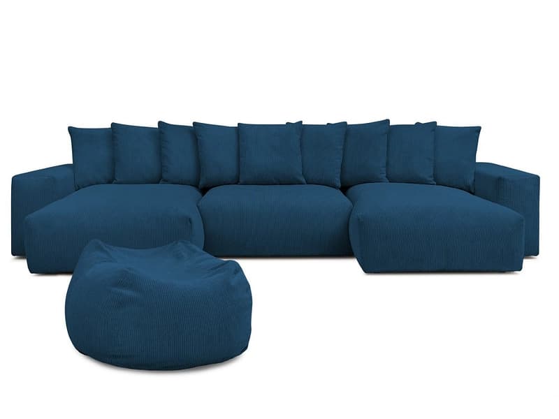 Panorama-Ecksofa mit Hocker BOBOCHIC VOLTAIRE Cord-Stoff dunkelblau