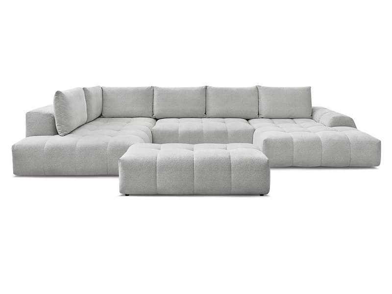 Panorama-Ecksofa mit Hocker BOBOCHIC EVEREST Stoff chiniert hellgrau