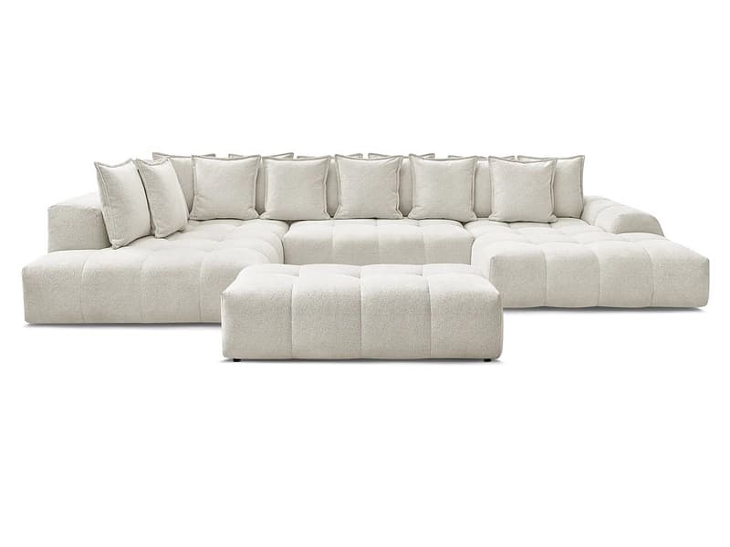 Panorama-Ecksofa mit Hocker BOBOCHIC EVEREST Stoff chiniert weiss