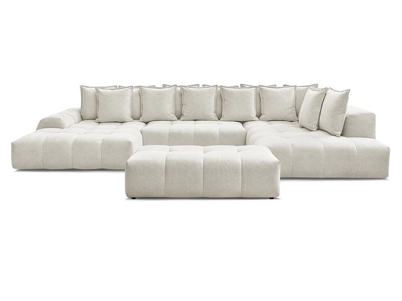 Panorama-Ecksofa mit Hocker BOBOCHIC EVEREST Stoff chiniert weiss