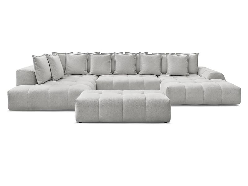 Panorama-Ecksofa mit Hocker BOBOCHIC EVEREST Stoff chiniert hellgrau