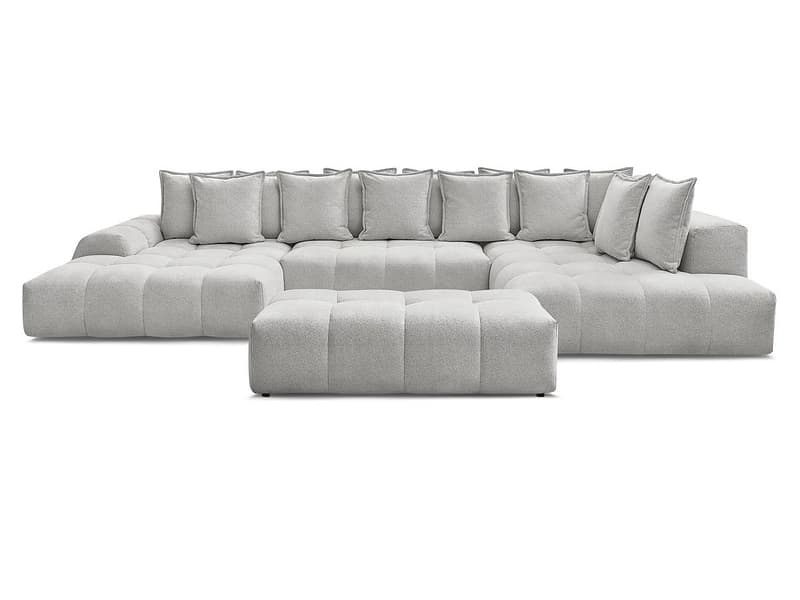 Panorama-Ecksofa mit Hocker BOBOCHIC EVEREST Stoff chiniert hellgrau