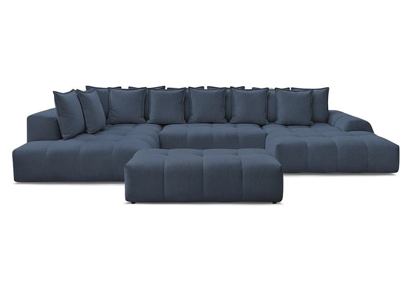 Panorama-Ecksofa mit Hocker BOBOCHIC EVEREST Stoff chiniert dunkelblau