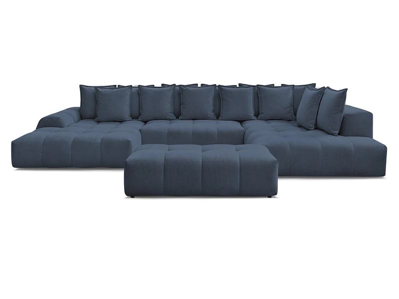 Panorama-Ecksofa mit Hocker BOBOCHIC EVEREST Stoff chiniert dunkelblau