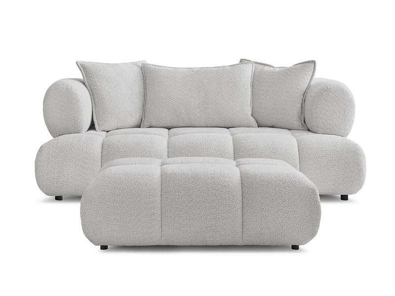 2er Sofa mit Hocker BOBOCHIC ALYA Boucle-Stoff hellgrau