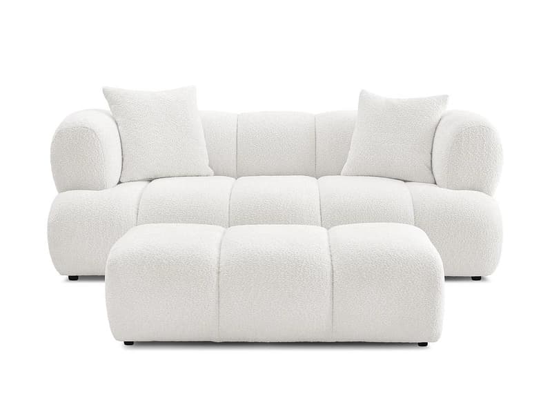 2er Sofa mit Hocker BOBOCHIC ALYA Boucle-Stoff weiss