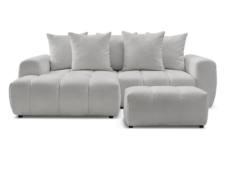 Ecksofa mit Hocker BOBOCHIC ROXELANE Boucle-Stoff hellgrau
