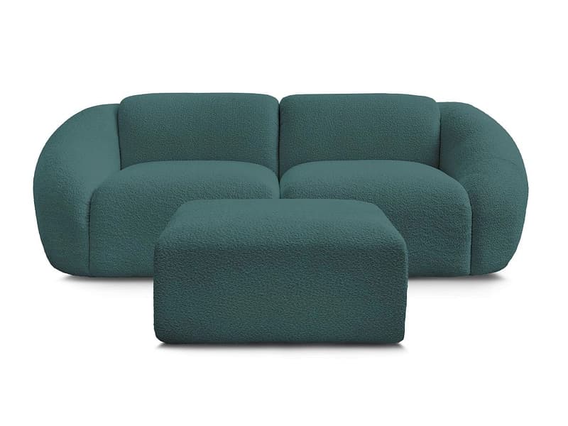 2er Sofa mit Hocker BOBOCHIC TINA Boucle-Stoff hellblau