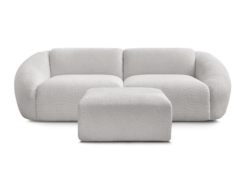 3er Sofa mit Hocker BOBOCHIC TINA Boucle-Stoff hellgrau