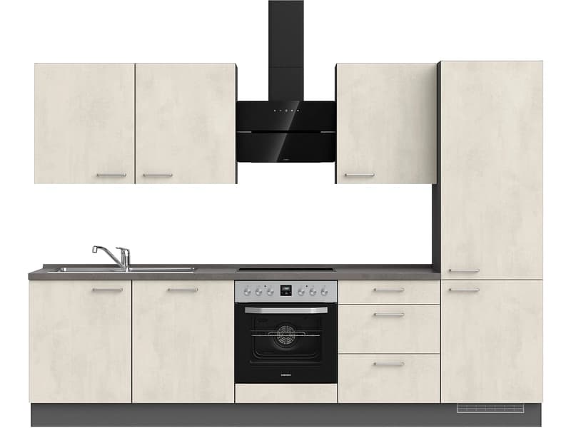 Komplette Küche mit Elektrogeräten MODUSET RIVA PREMIUM Weissbeton 60x300cm