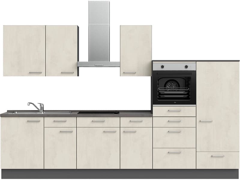 Komplette Küche mit Elektrogeräten MODUSET RIVA CLASSIC Weissbeton 60x330cm