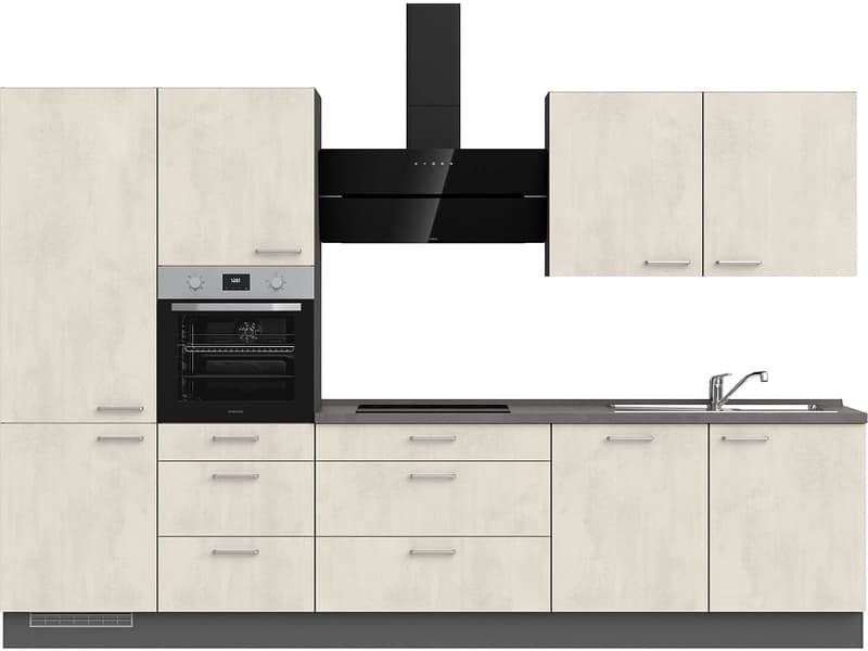Komplette Küche mit Elektrogeräten MODUSET RIVA PREMIUM Weissbeton 60x330cm