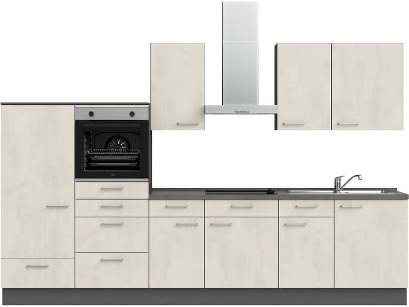 Komplette Küche mit Elektrogeräten MODUSET RIVA CLASSIC Weissbeton 60x330cm