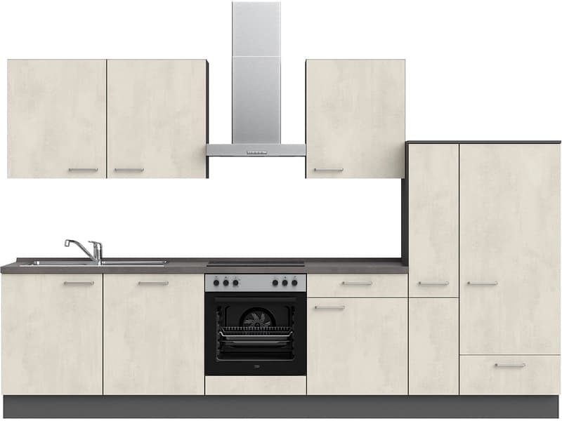 Komplette Küche mit Elektrogeräten MODUSET RIVA CLASSIC Weissbeton 60x330cm