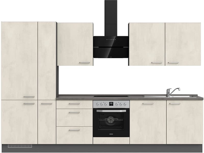 Komplette Küche mit Elektrogeräten MODUSET RIVA PREMIUM Weissbeton 60x330cm