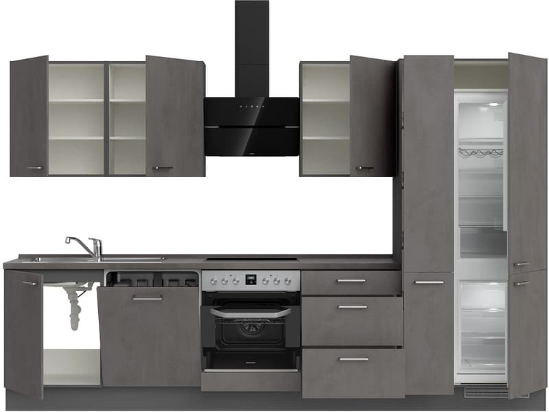 Komplette Küche mit Elektrogeräten MODUSET RIVA PREMIUM Beton Schiefergrau 60x330cm