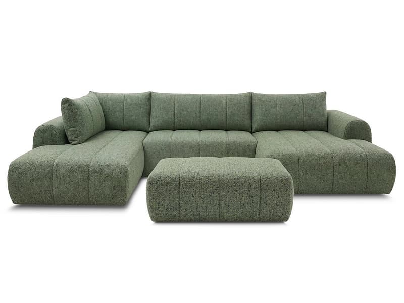 Panorama-Ecksofa mit Hocker BOBOCHIC NESTY Stoff chiniert hellgrün