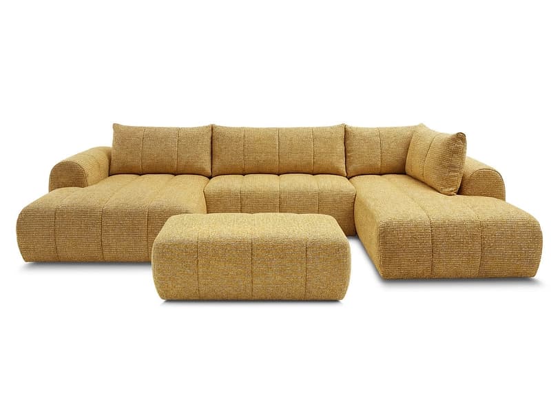 Panorama-Ecksofa mit Hocker BOBOCHIC NESTY Stoff chiniert gelb