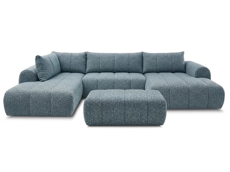 Panorama-Ecksofa mit Hocker BOBOCHIC NESTY Stoff chiniert blau