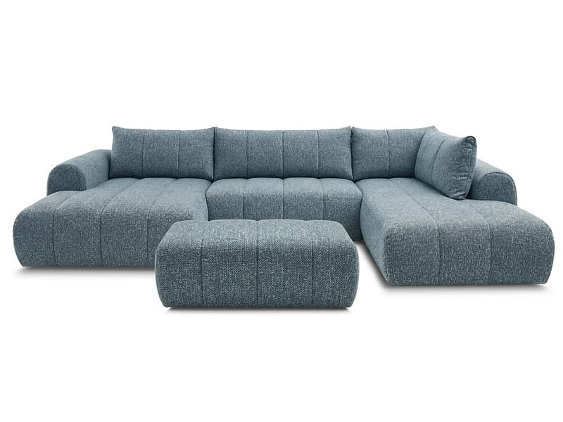 Panorama-Ecksofa mit Hocker BOBOCHIC NESTY Stoff chiniert blau