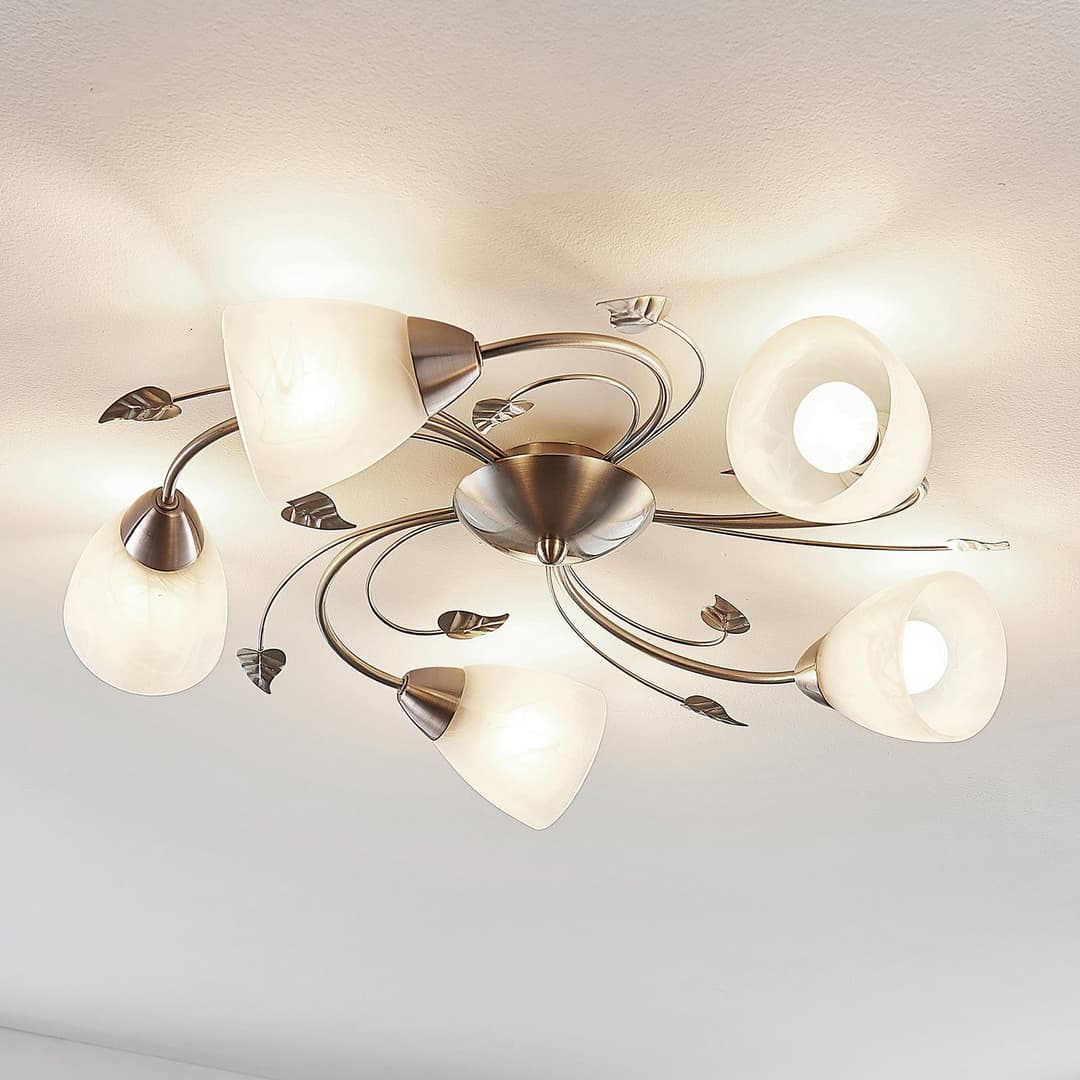 Yannie 5 Deckenleuchte Nickel/Opal - Lindby - Wohnzimmer - Antik - Metall - Mehrflammig