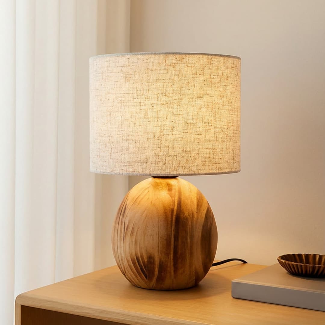 Mayumi Tischleuchte Holz/Grau - Lindby - Wohnzimmer - Skandinavisch - Mit Schirm