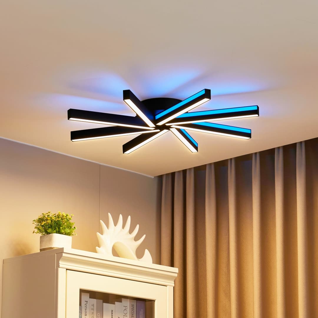Lucande Smart LED-Deckenleuchte Tjado, Ø70 cm, schwarz, RGBW - Wohnzimmer - Modern - Metall - Mehrflammig