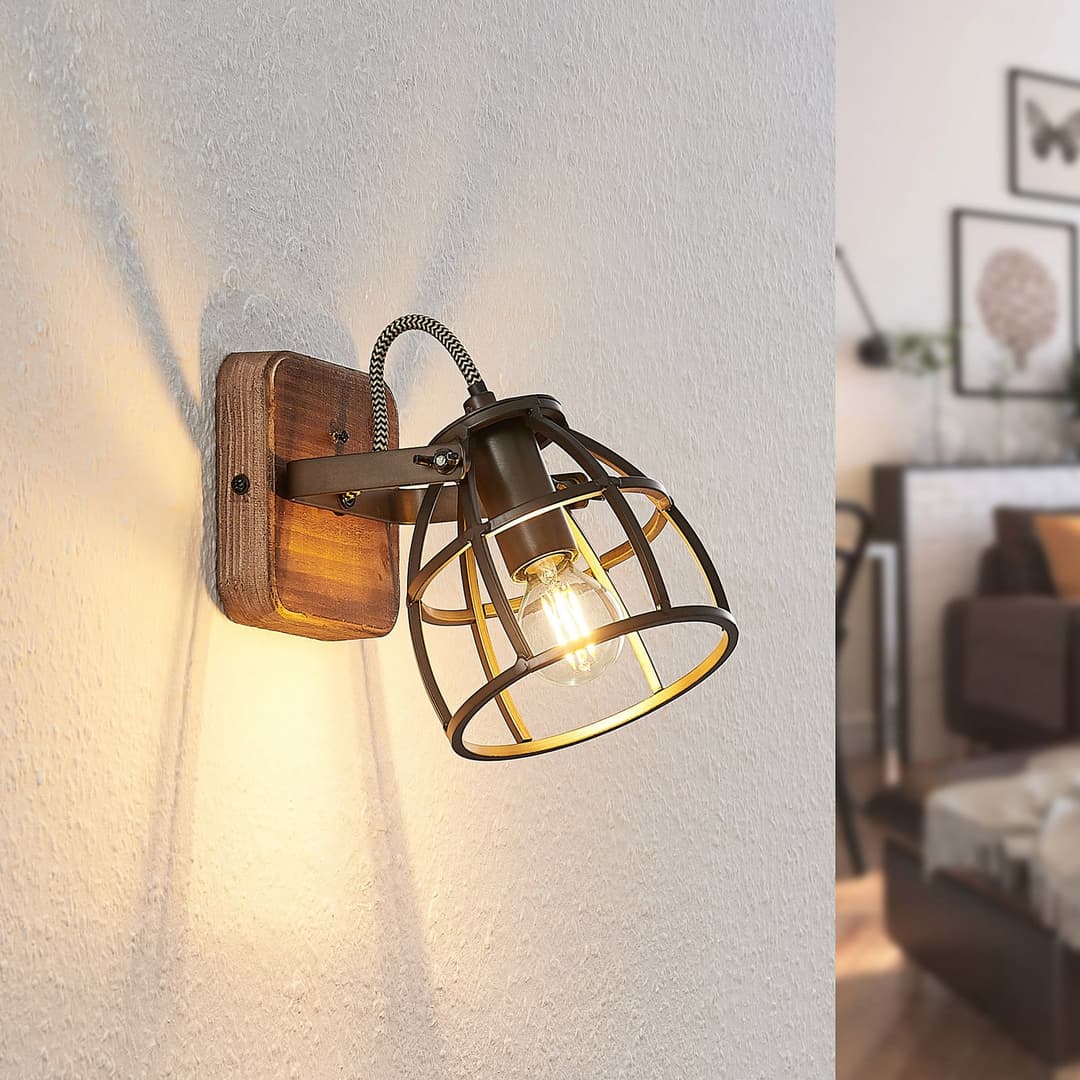 Rutger Wandleuchte Wood/Black - Lindby - Wohnzimmer - Vintage - Metall - Einflammig
